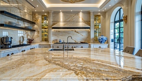 A luxurious kitchen with stunning marble counterto