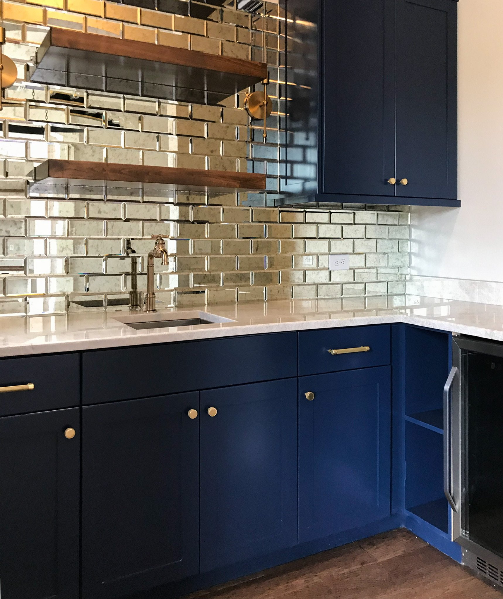 custom home build with blue cabinets
