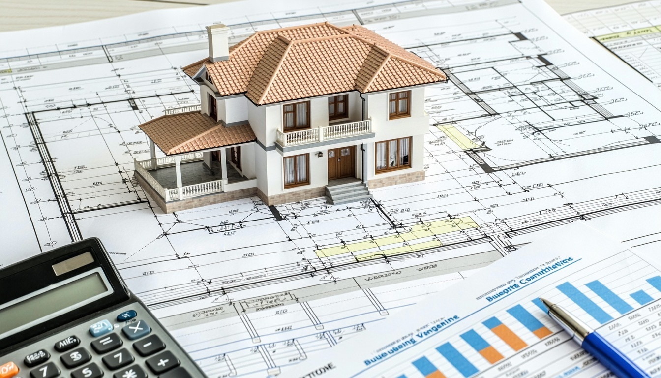A blueprint of a custom home with a calculator and