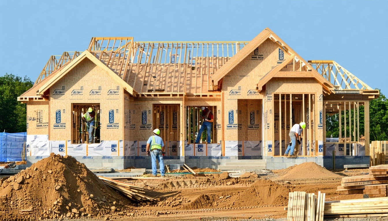 A construction site with workers building a custom