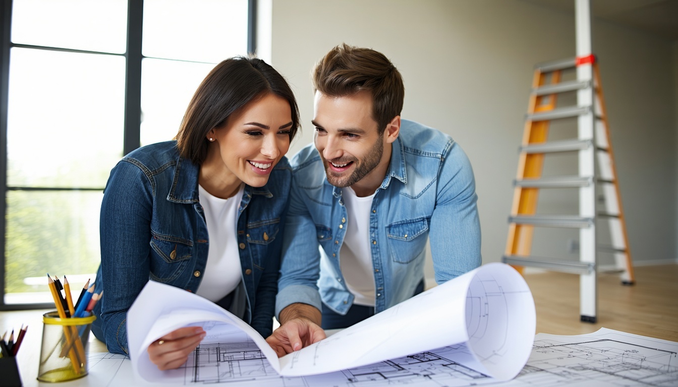 A happy couple discussing blueprints with an archi