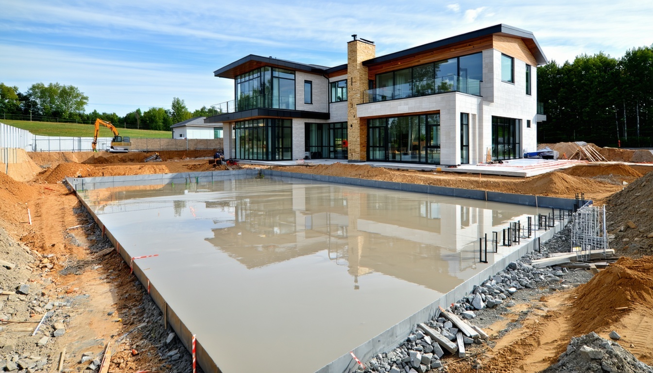 A modern custom home under construction with a sla