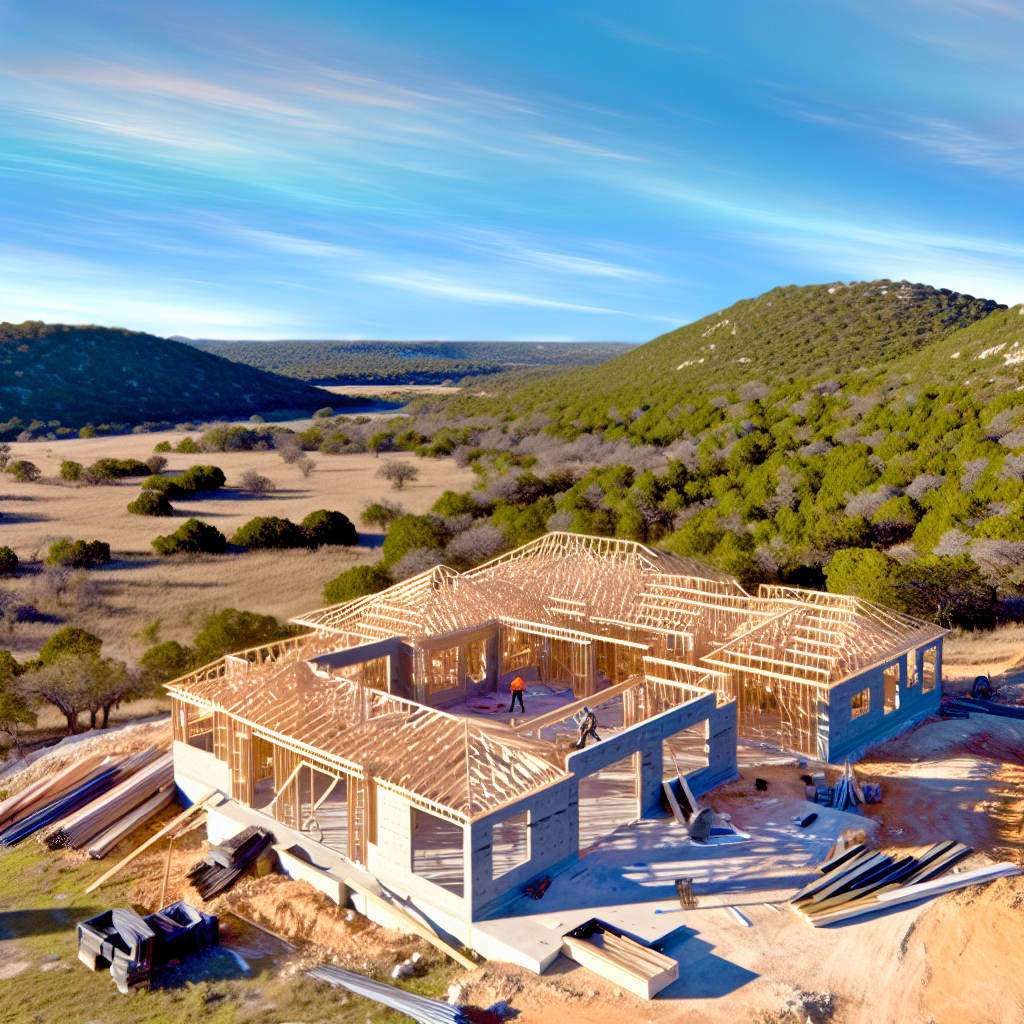 A panoramic view of a custom home under constructi