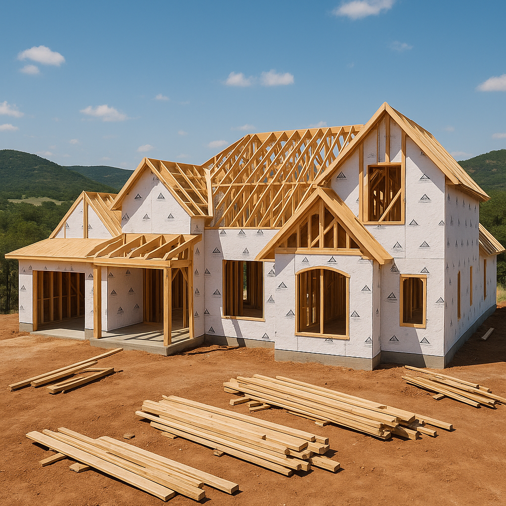 A partially constructed luxury custom home in the