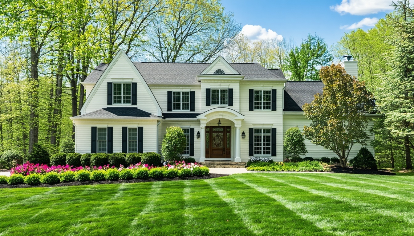 A picturesque custom home with a well-manicured la