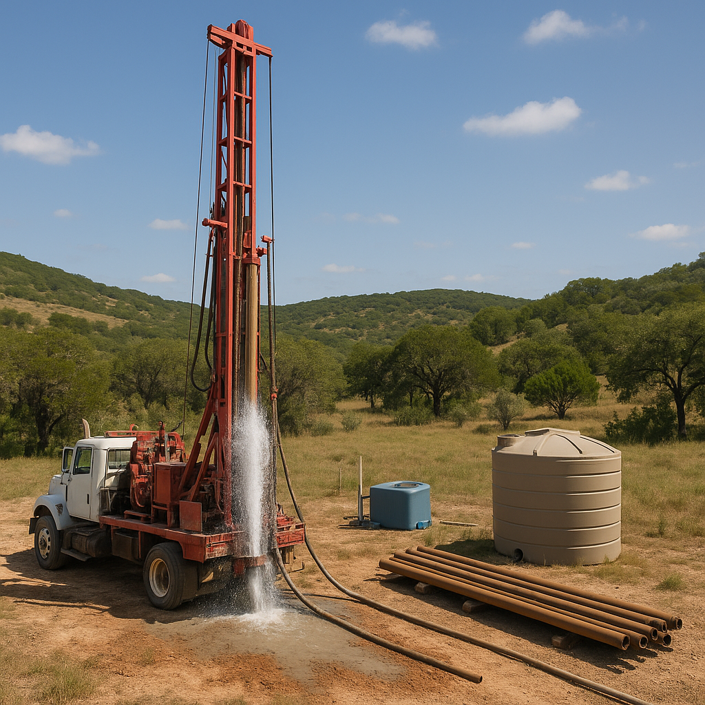 A professional water well drilling rig operating o