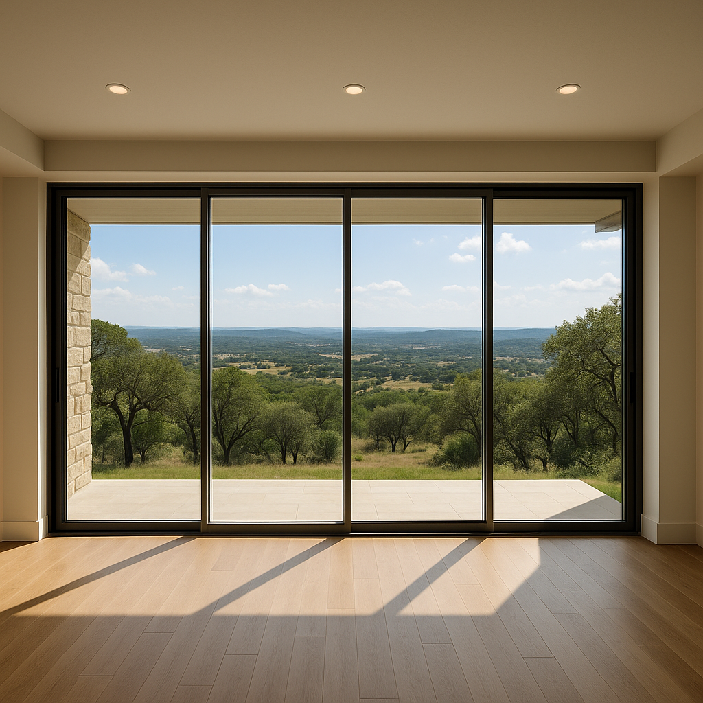 Expansive sliding glass doors framing panoramic Te