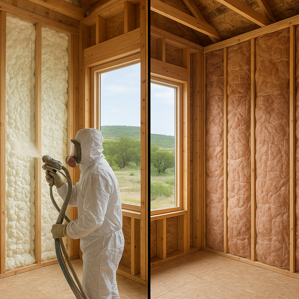 Split-view comparison showing spray foam insulatio