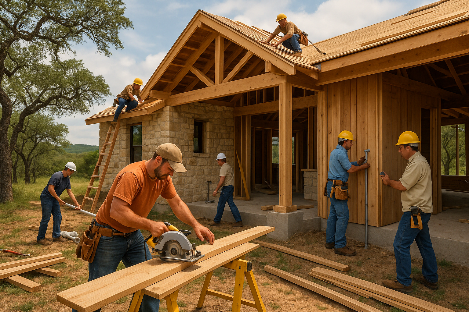 A partially built Texas Hill Country home surrounded by native oak trees and rolling hills, with a visible team of local tradespeople (carpenters, electricians, plumbers) collaborating on-site. The construction features stone and wood materials, exemplifying Texas craftsmanship and landscape integration.