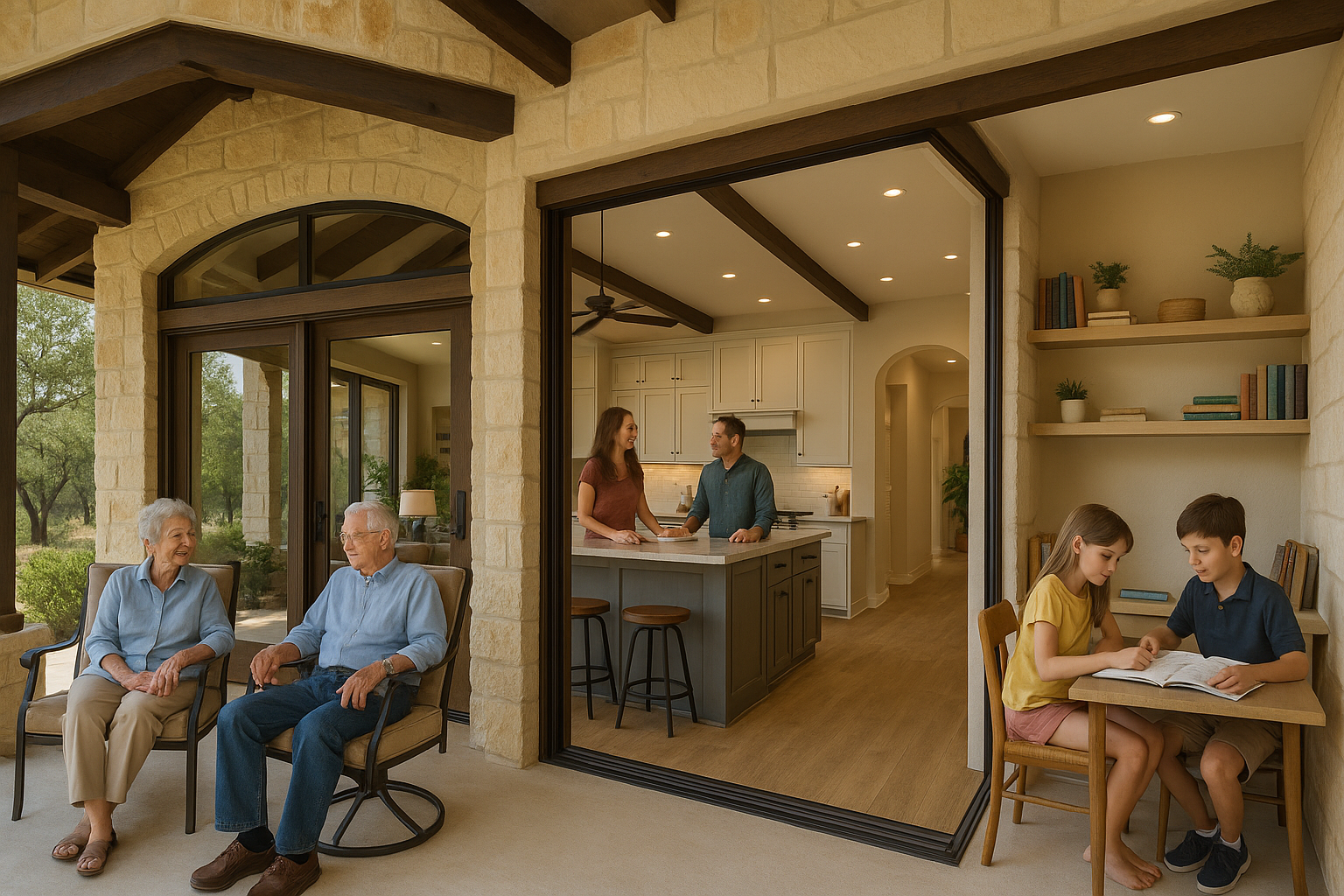 Texas custom home with grandparents on porch, parents in kitchen, and children in study nook within an open-plan, Hill Country style home.