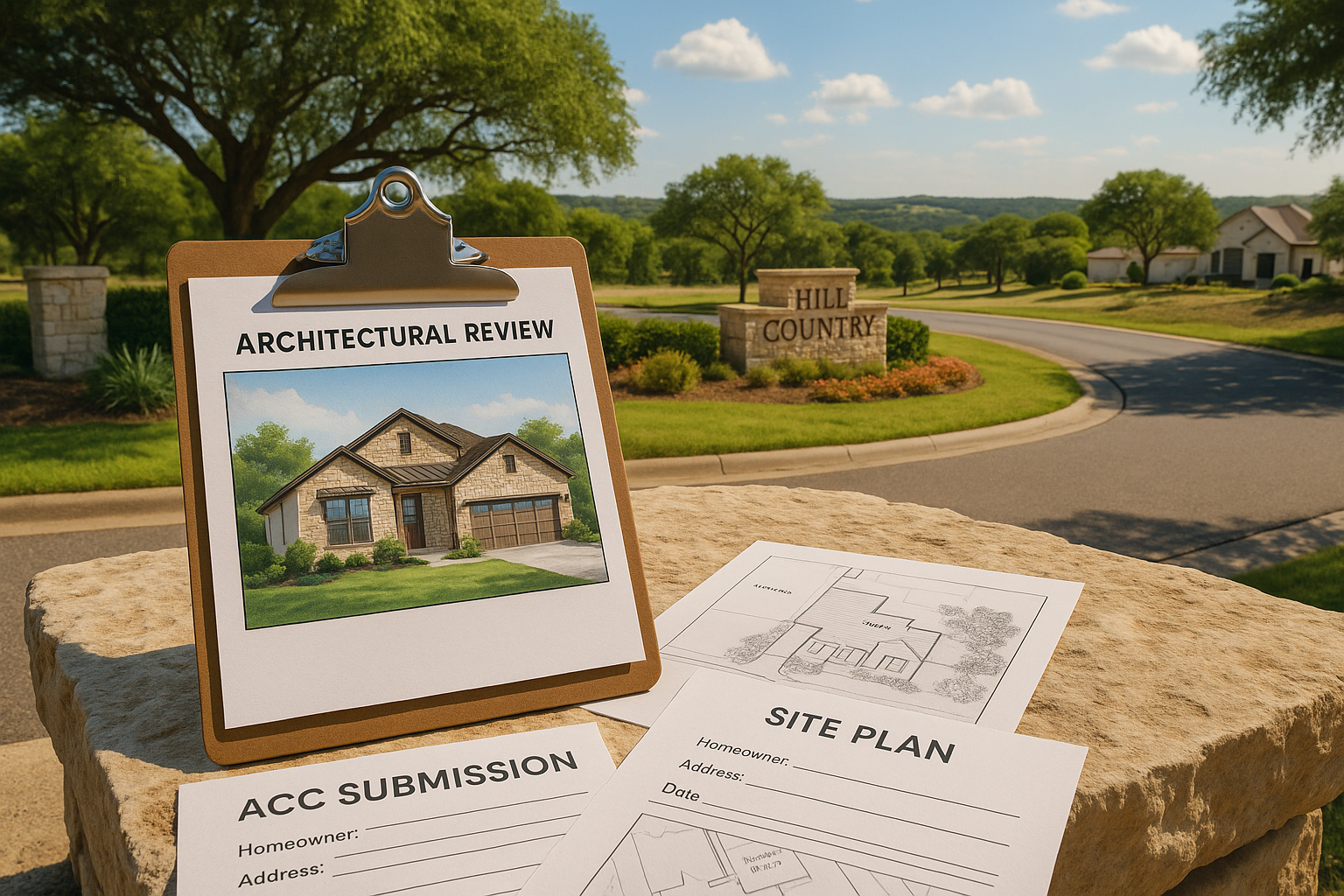 Hill Country community scene with a clipboard labeled Architectural Review, ACC submission documents, and a site plan against a backdrop of oaks and hills.
