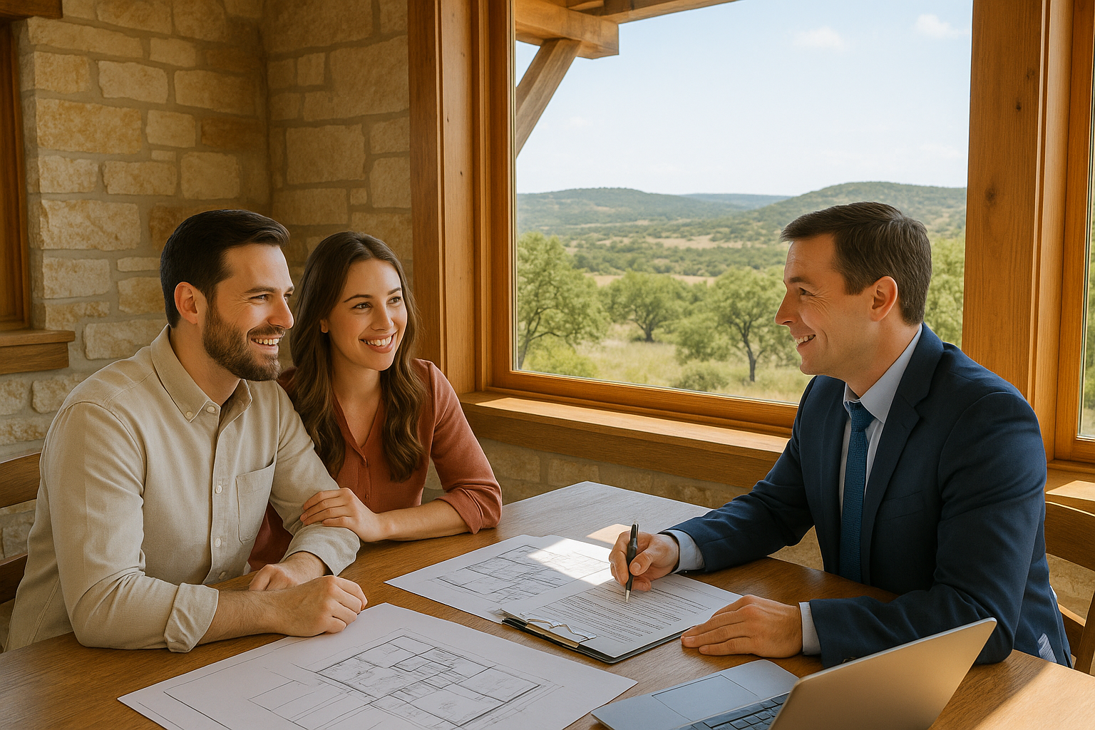 A couple sits at a table with a lender, reviewing construction loan documents and blueprints. Texas Hill Country scenery is visible outside, and natural stone and wood details are present, highlighting both professionalism and regional character.