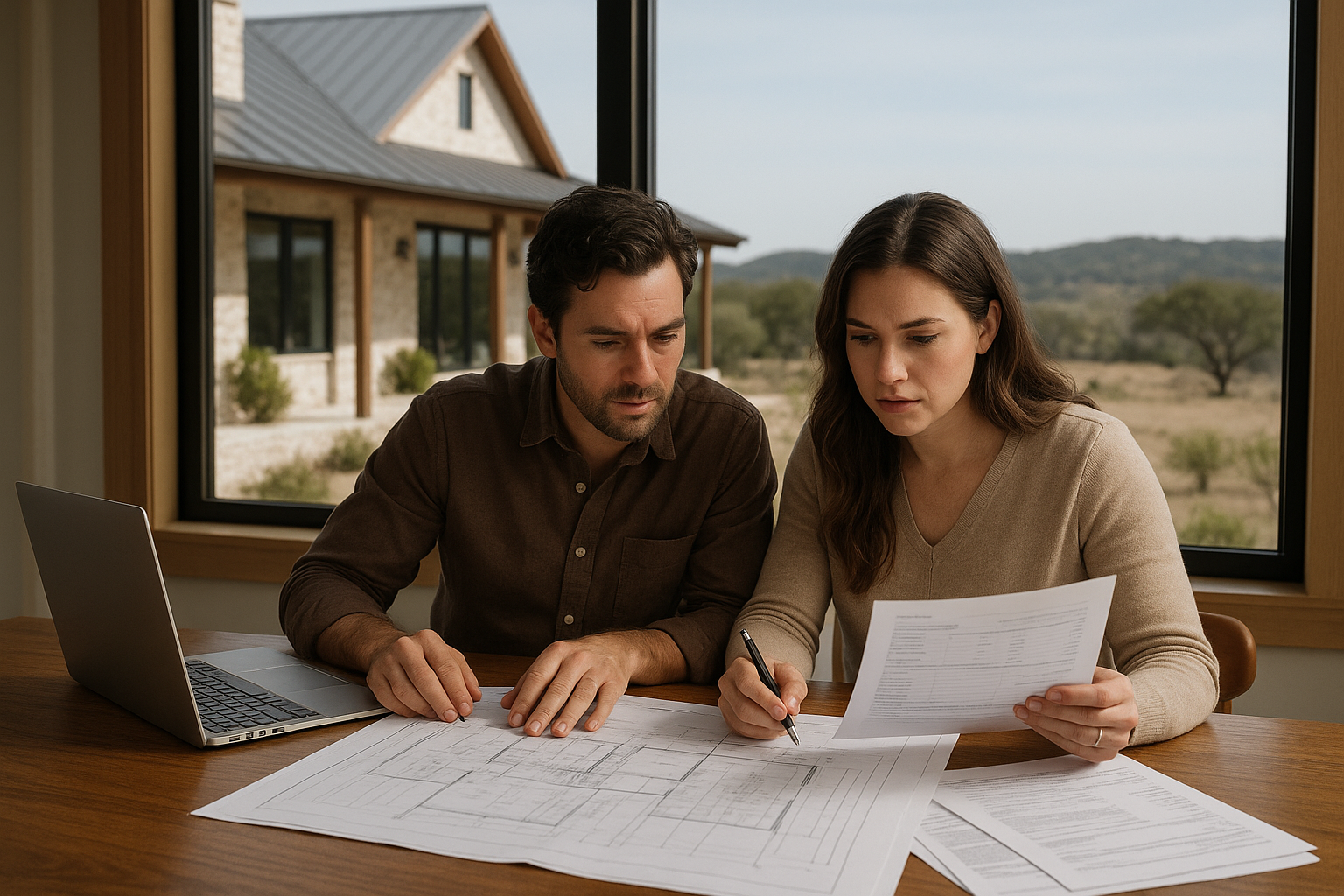 A couple examining blueprints and finances at a table inside a Texas Hill Country home, sunlight and natural views outside, open laptop on table.