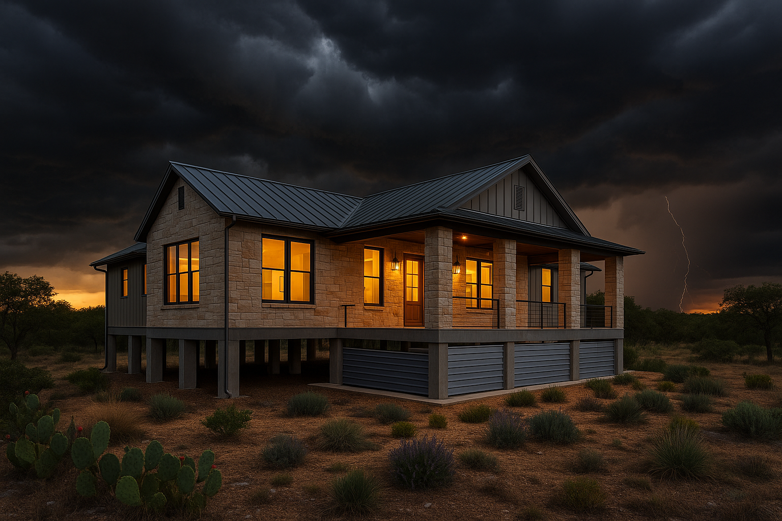 A Hill Country custom home with elevated foundations, storm-resistant windows, flood barriers, native landscaping, dramatic storm sky showing resilience.