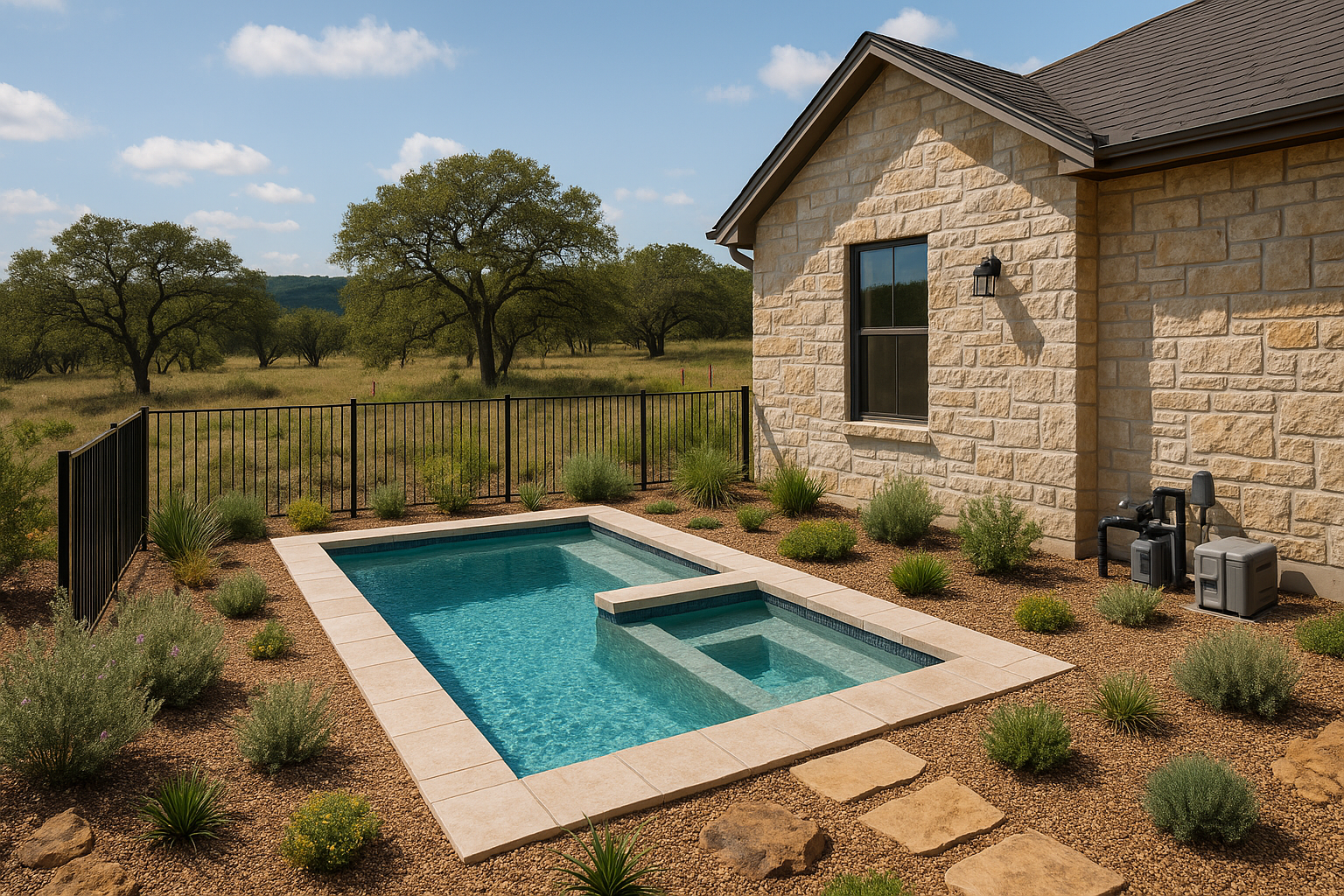 Texas Hill Country backyard with a compact plunge pool beside a limestone home, safety fence, native landscaping, equipment pad, and live oaks in the distance.