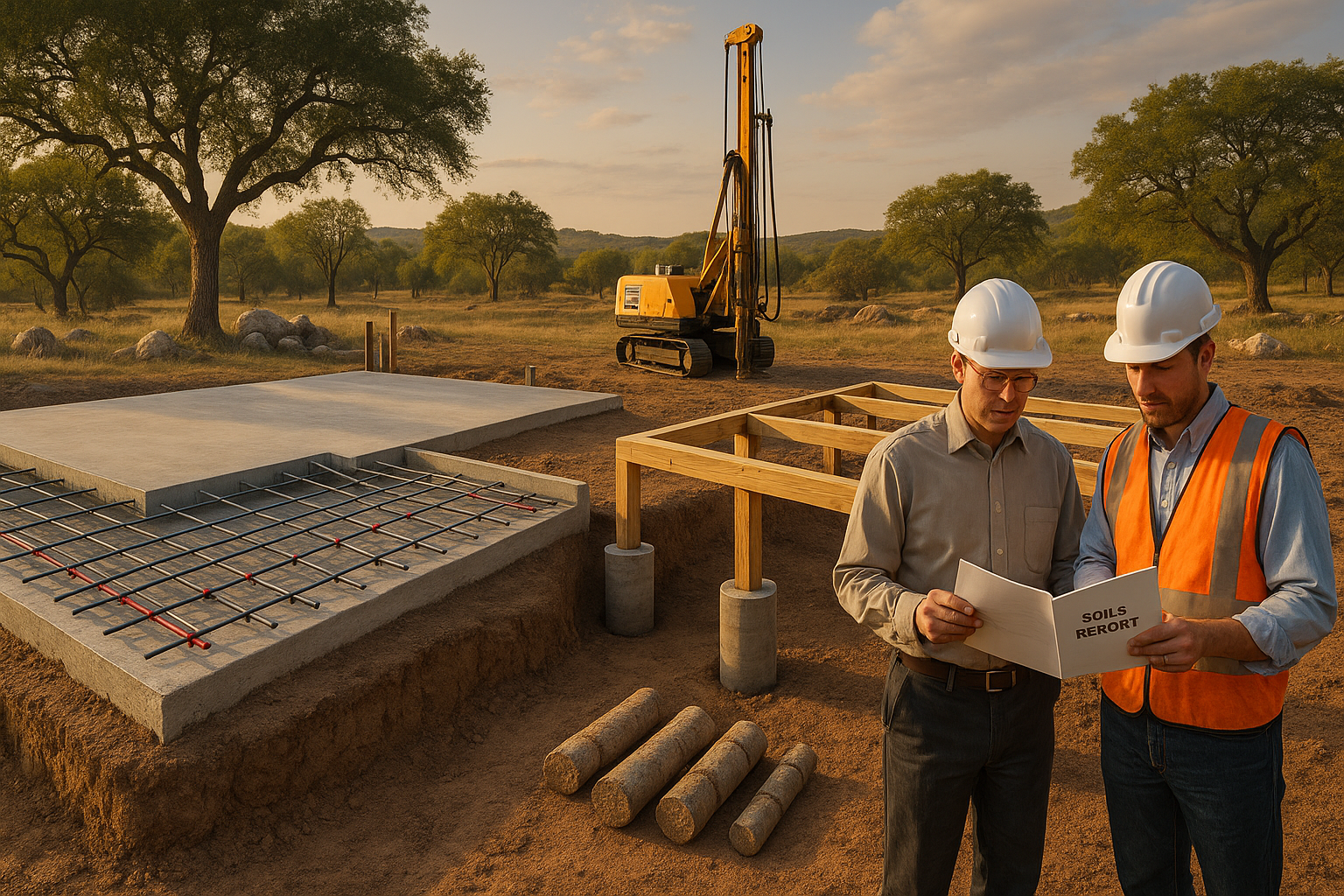 Hill Country foundation comparison: post-tensioned slab and pier-and-beam with geotechnical drilling, soil cores, and engineers on site.