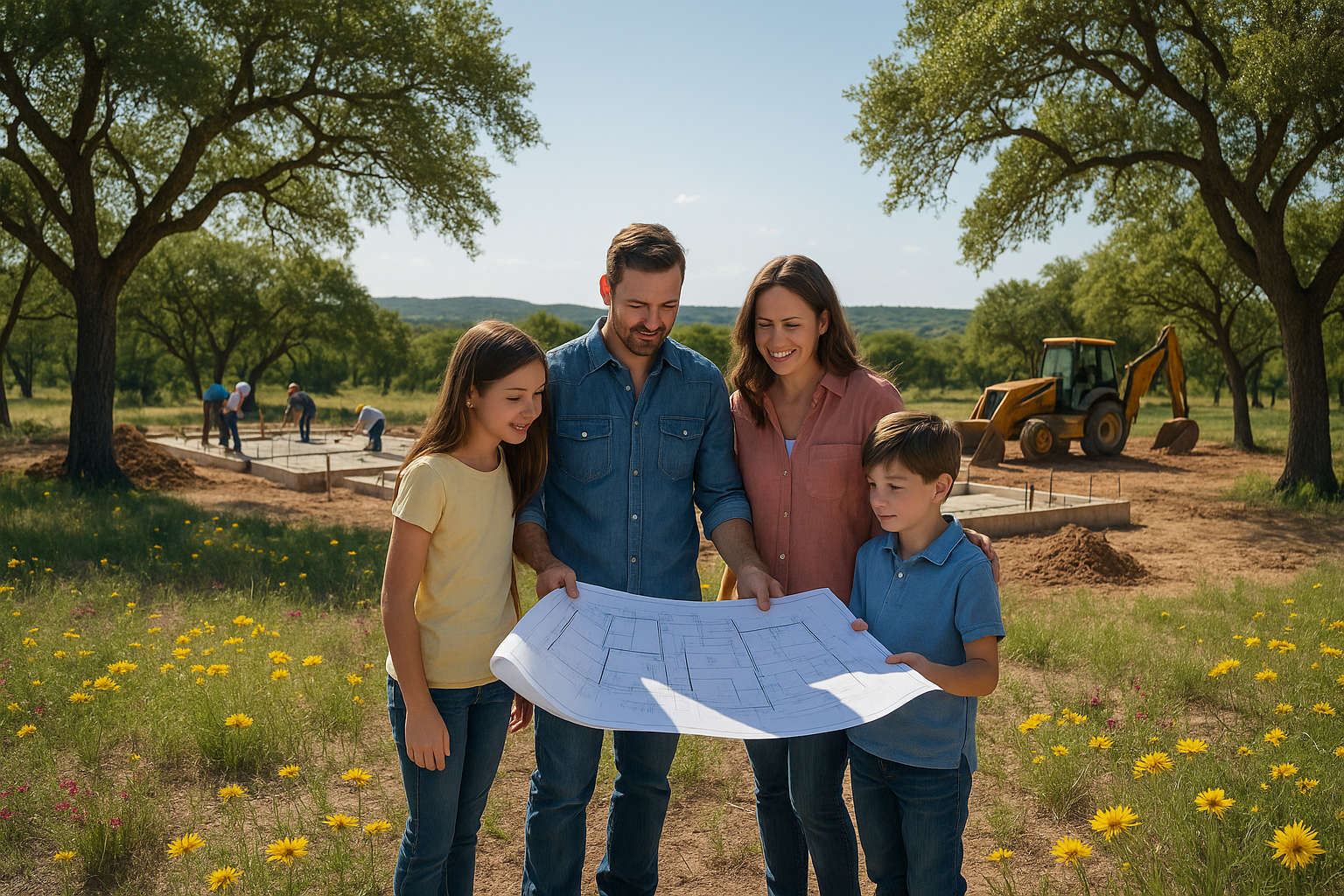 Family at a wooden Texas Hill Country lot, reviewing blueprints, foundation work started, surrounded by wildflowers, hills, and oaks.