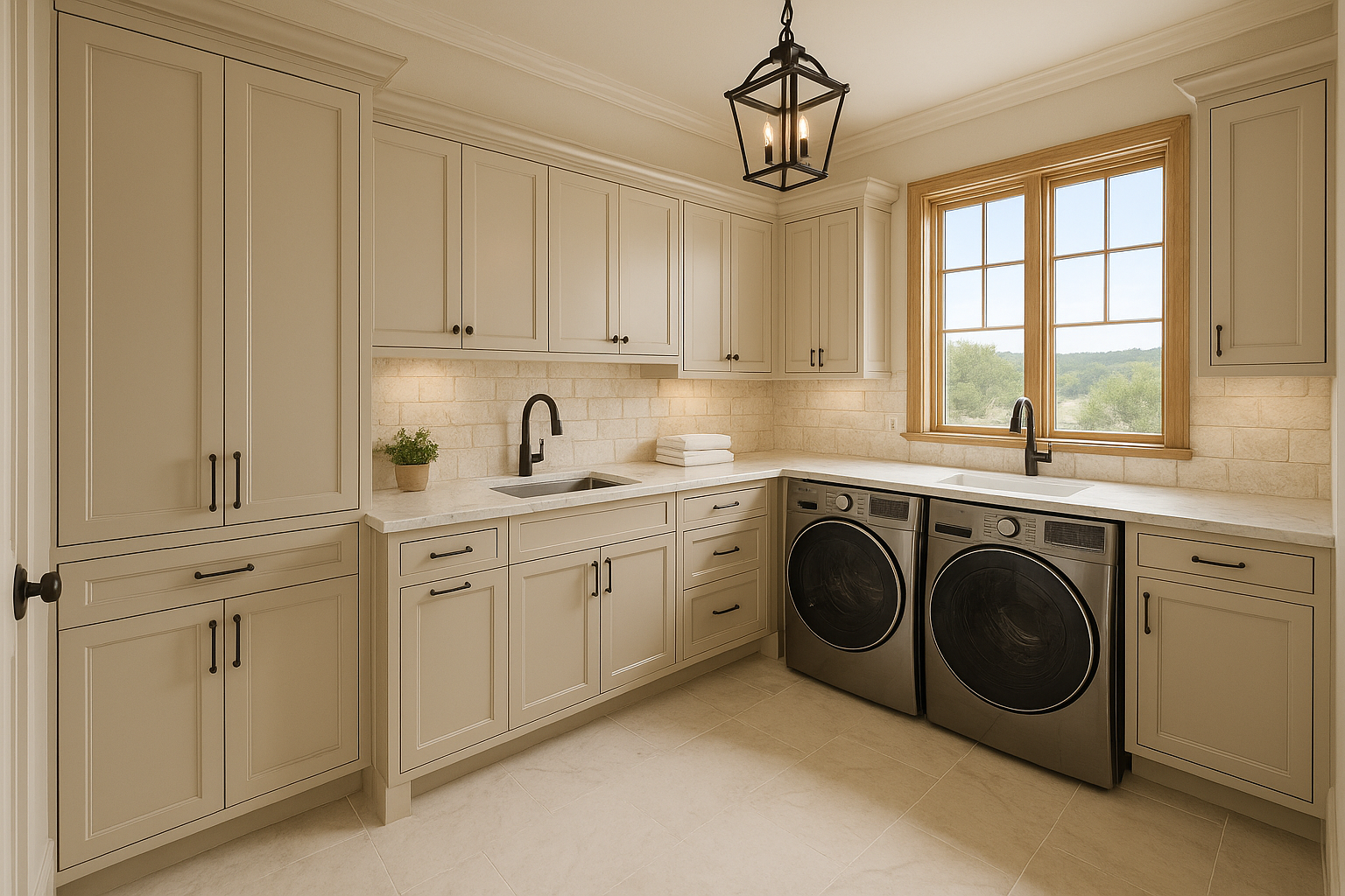 A bright, spacious custom home laundry room with built-in cabinets, utility sink, marble countertops, and luxury finishes in Hill Country style.