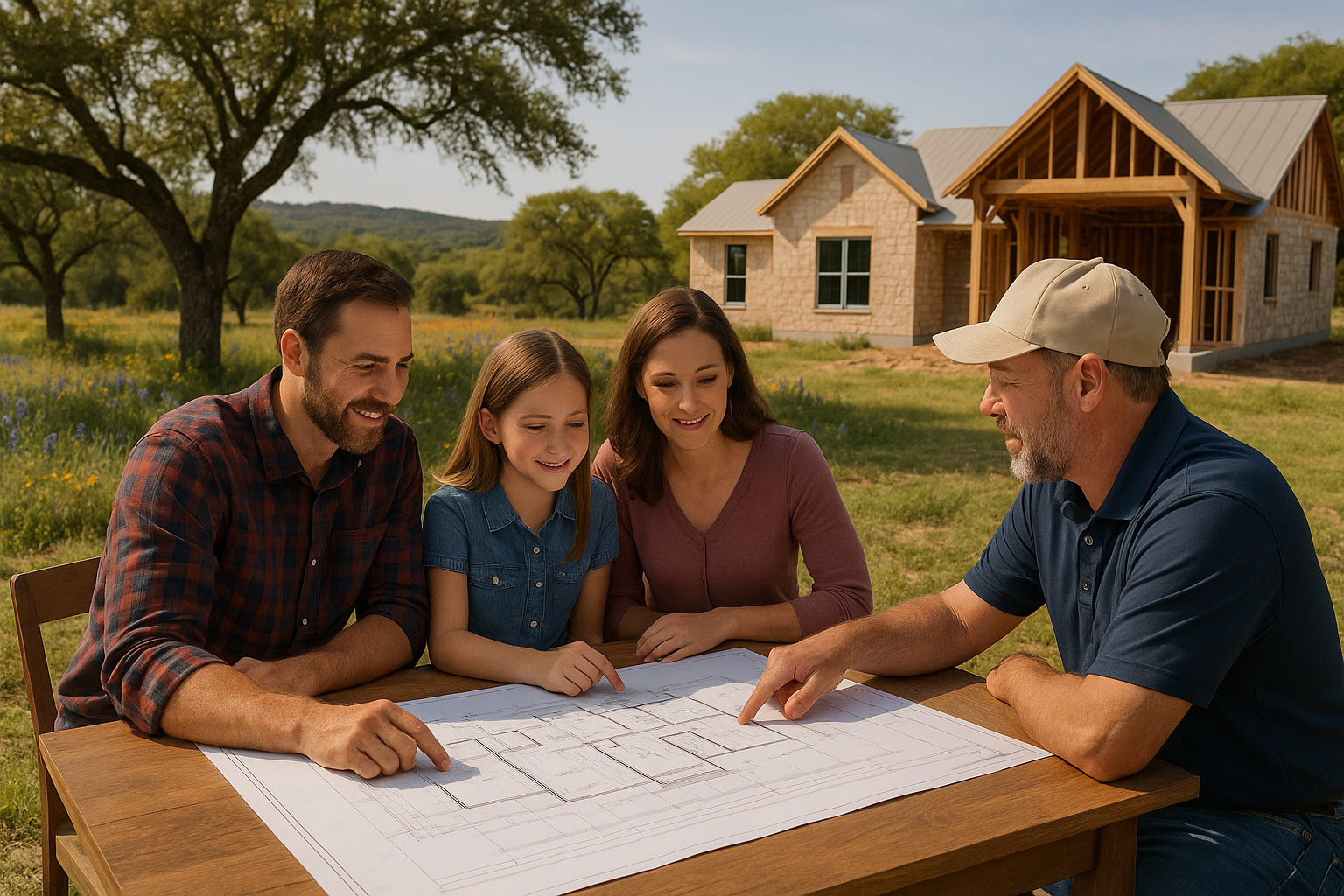 Family and builder at picnic table on Texas Hill Country lot; blueprints, collaboration, scenic outdoors, home under construction in background.