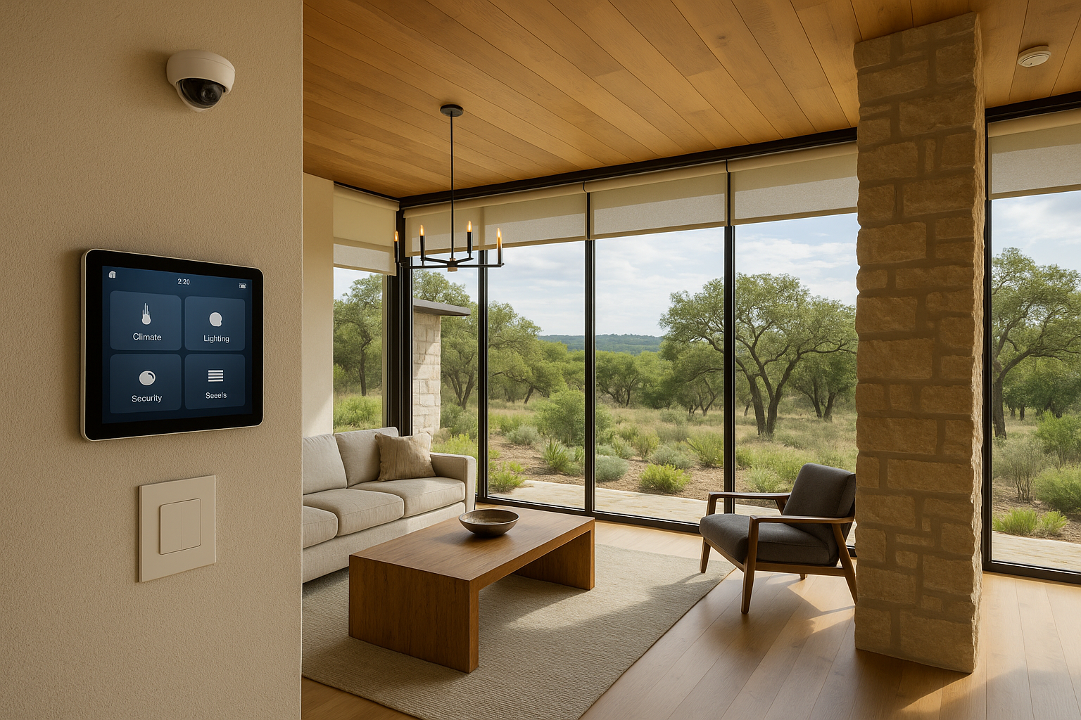 Modern Texas Hill Country custom home interior with smart tech: wall touch controls, lights, cameras, window shades, and scenic landscape visible through large windows.