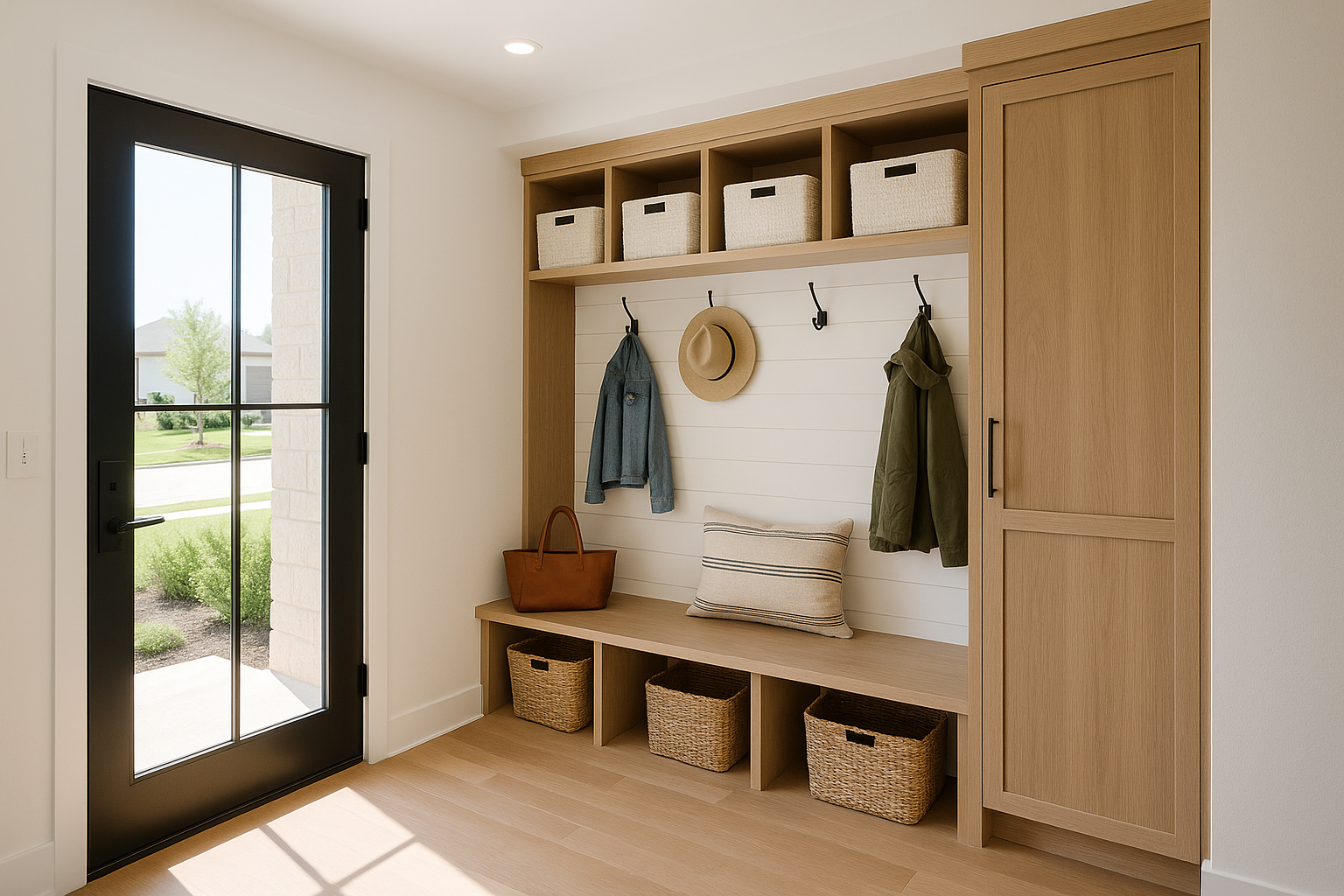 Modern Texas custom home entry with a stylish mudroom, built-in storage benches, cubbies, baskets, hooks, and natural light.