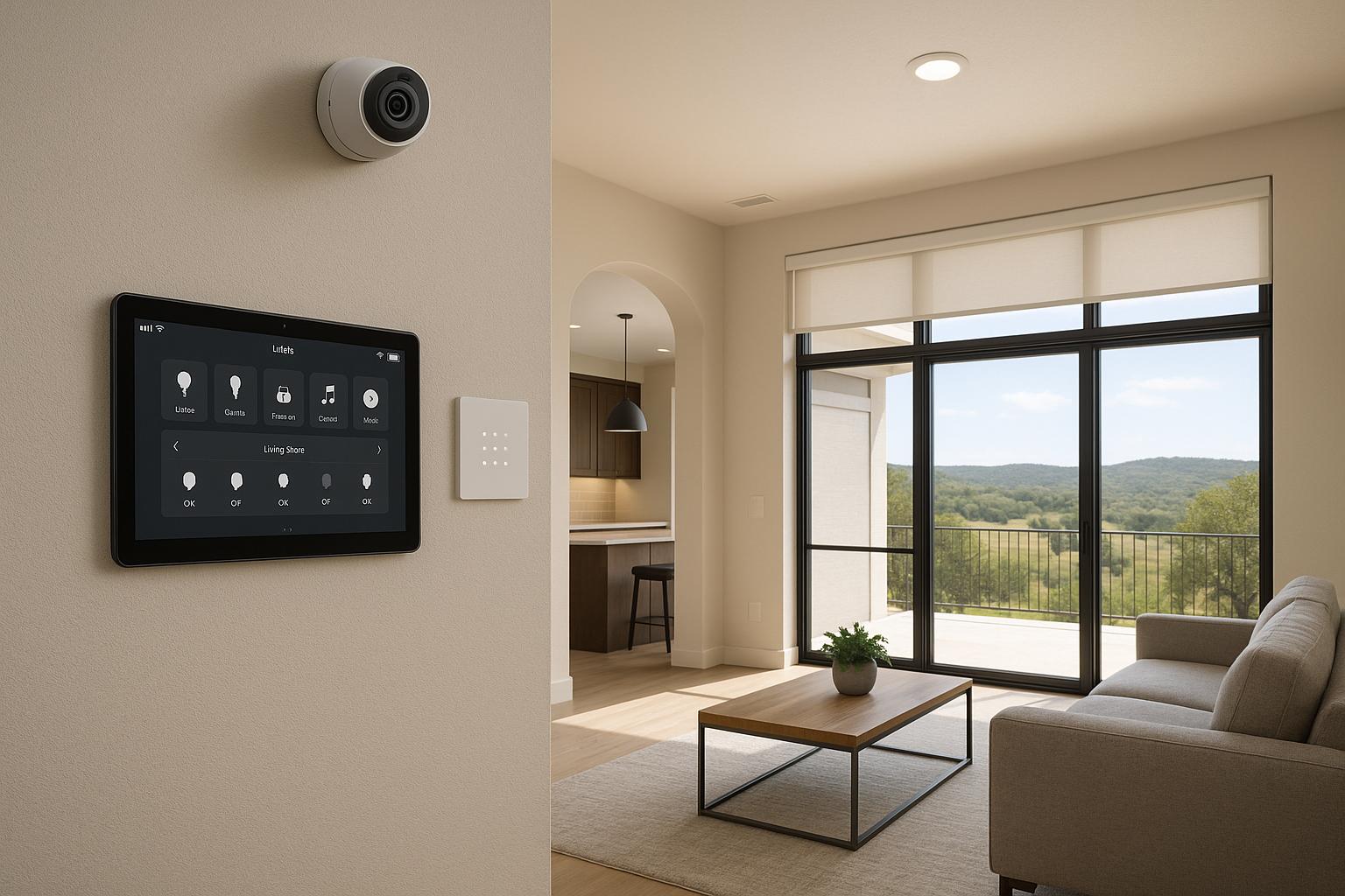 Modern Texas custom home with smart tech: wall screen, smart lights, security cameras, automated shades, Hill Country view.
