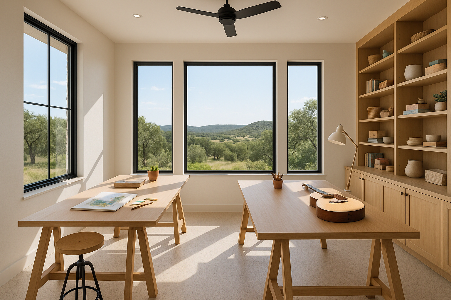 Modern Texas custom home with a sunlit hobby studio, built-in shelves, windows, and Hill Country views—perfect for arts, crafts, or music.