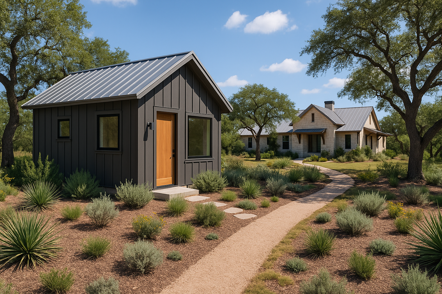 A modern accessory dwelling unit (ADU) with a tiny home design next to a custom Texas Hill Country home, surrounded by native landscaping and under a sunny sky.