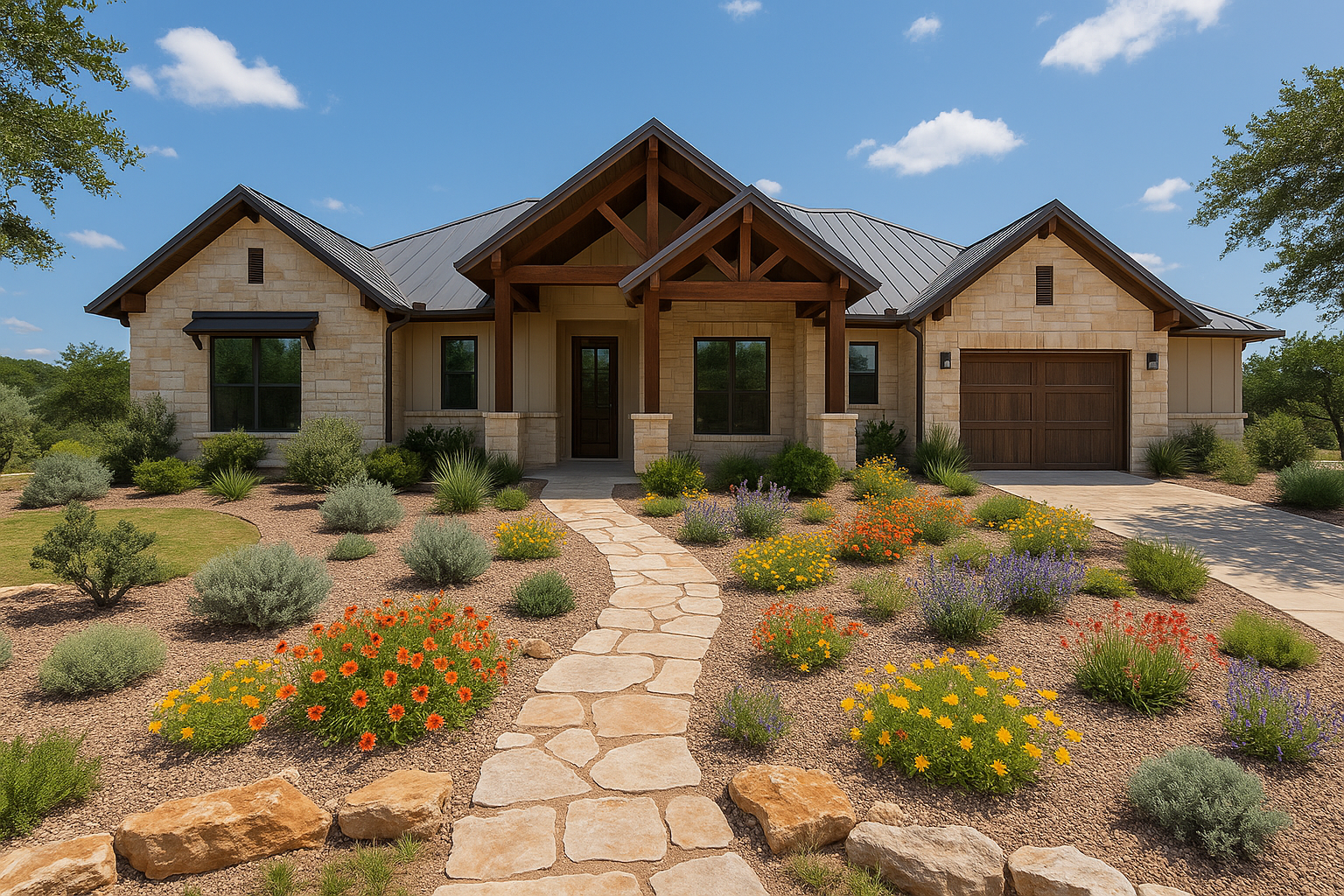 Custom home in Texas Hill Country with low-maintenance, native landscape, wildflowers, stone paths, xeriscaping.