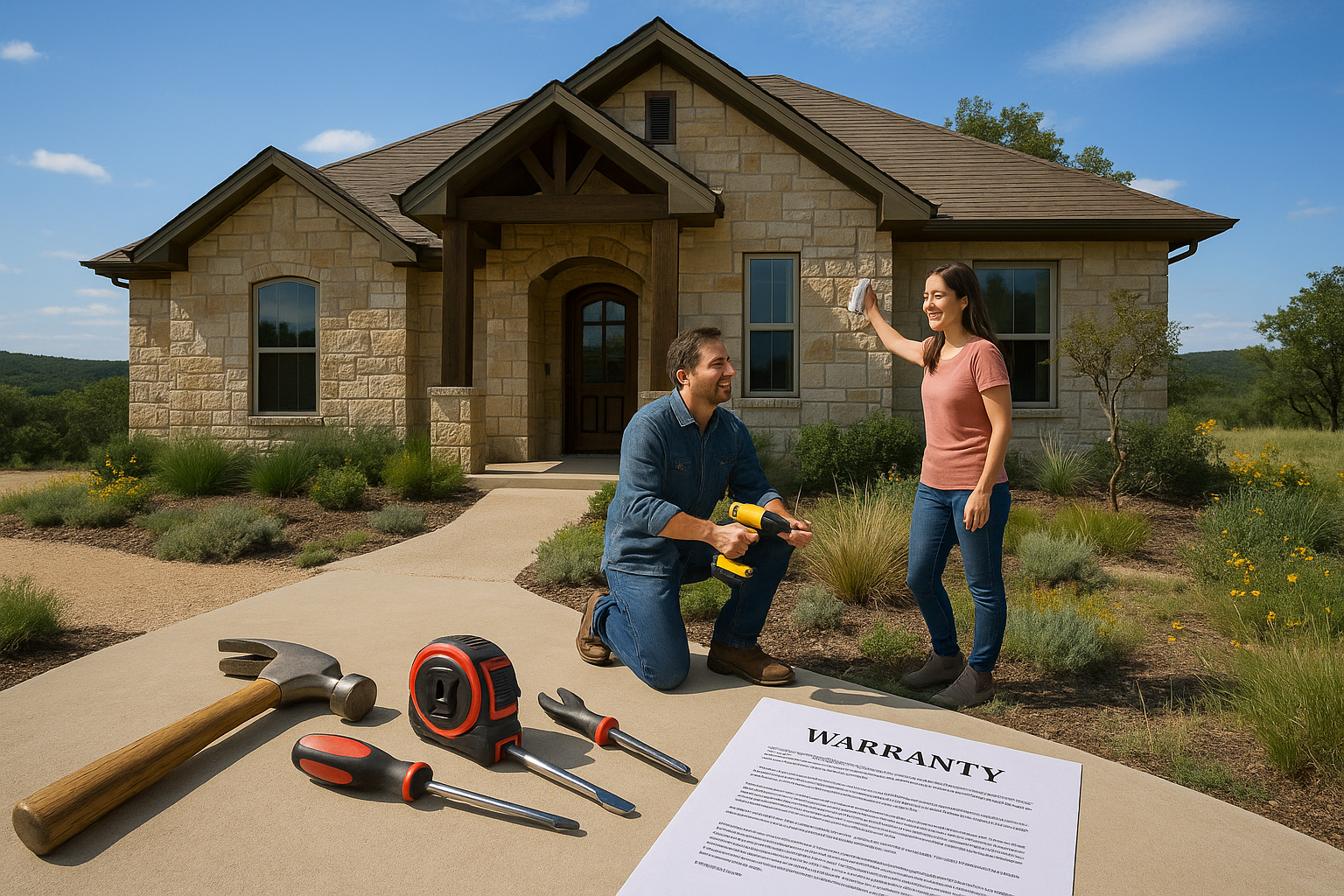 New custom home in the Texas Hill Country with homeowners performing seasonal maintenance, displaying tools, warranty documents, and lush local landscaping under a clear blue sky.
