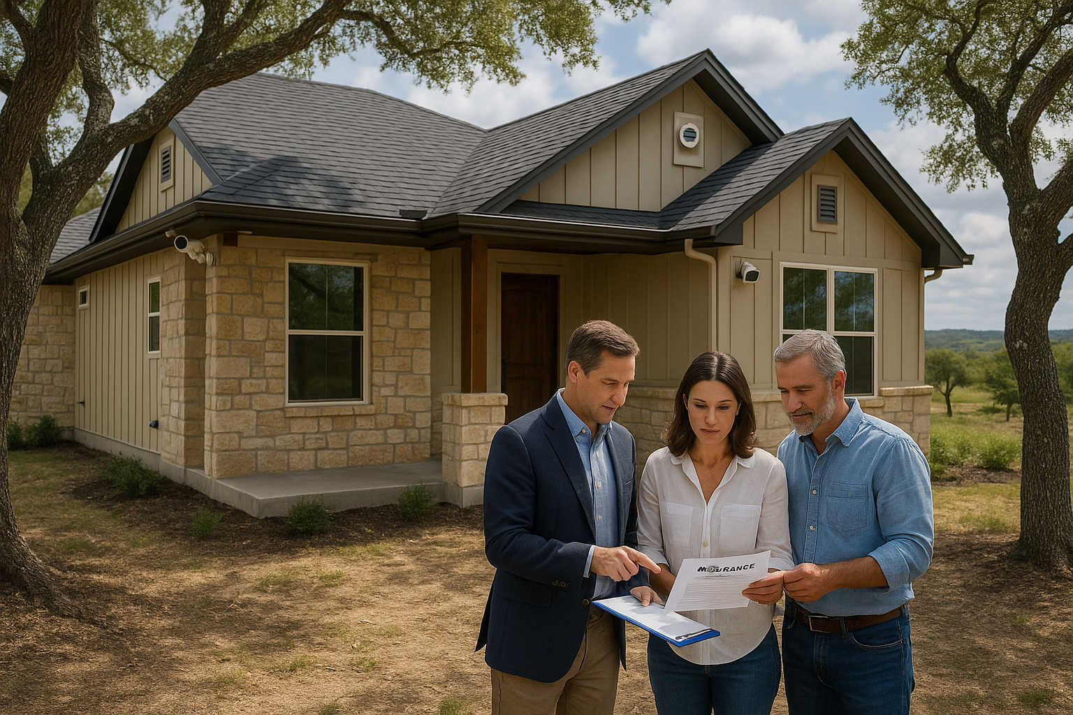 Texas Hill Country custom home with insurance agent and homeowners, security cameras, storm-resistant roof, and scenic trees in the background.