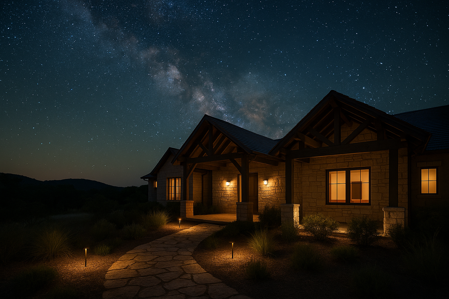 Texas Hill Country custom home at night with warm, fully shielded downlights under a starry sky, limestone and timber architecture, and native landscaping.