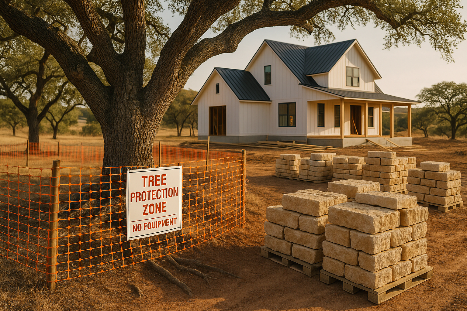 Hill Country construction site with orange fencing around live oaks, root protection signs, limestone, and a modern farmhouse rising beyond rolling hills.