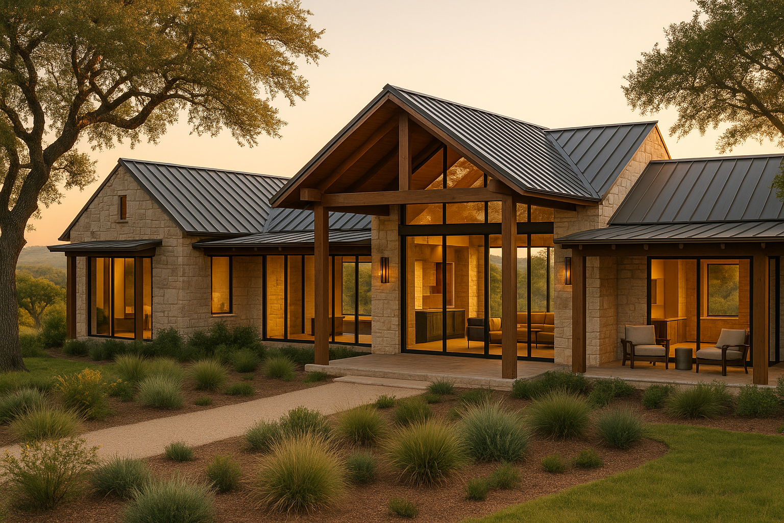 Modern‑rustic Hill Country custom home with limestone, timber, standing‑seam metal roof, large glass, deep porches, and native landscaping at golden hour.