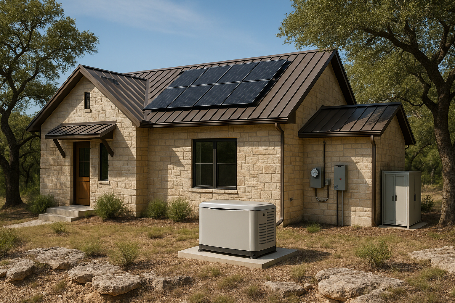 Texas Hill Country custom home with rooftop solar, a standby generator on a pad, and a battery cabinet—designed for reliable backup power.