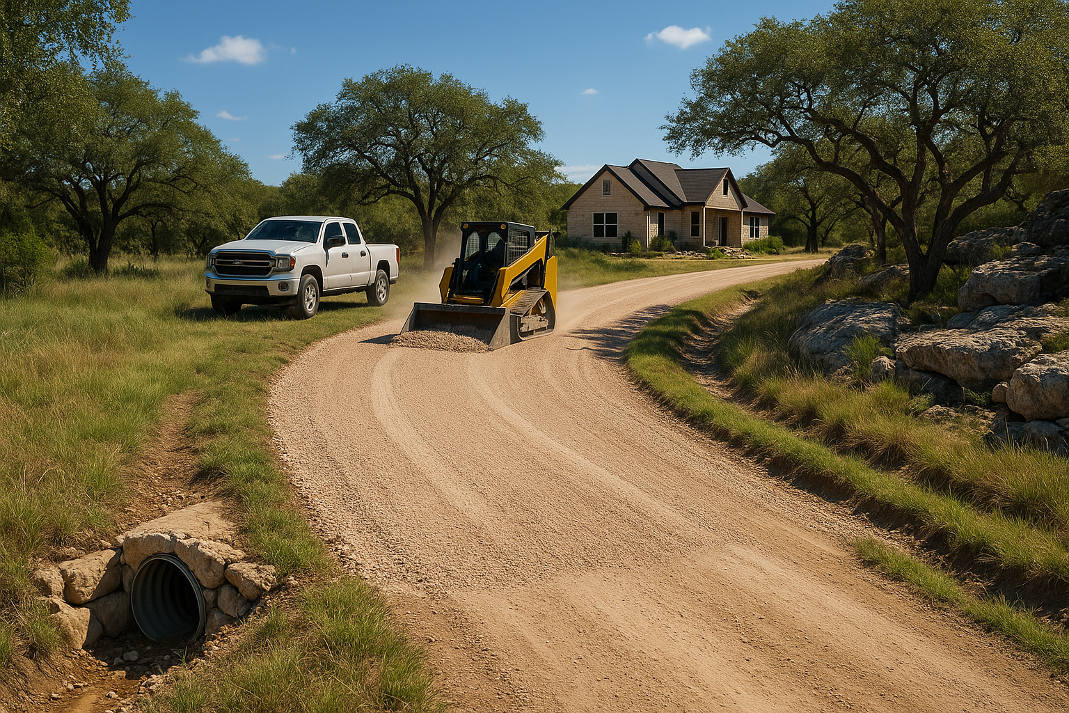 New Hill Country gravel driveway with crown, side ditches, road culvert, and native grass edges leading to a custom homesite among live oaks.