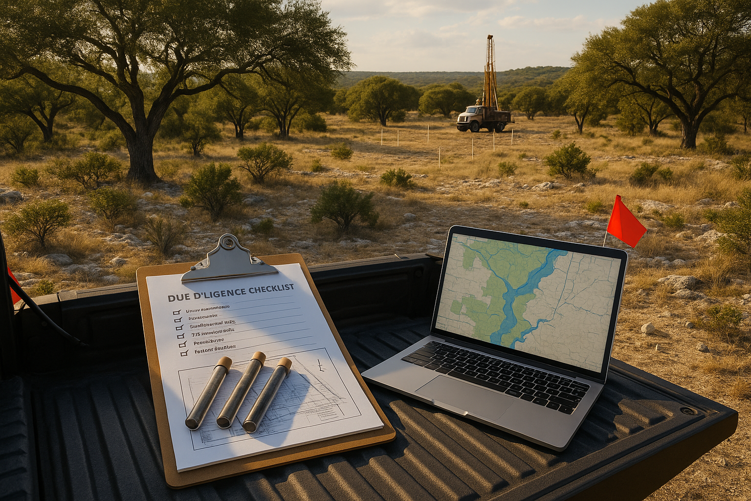Texas Hill Country homesite due-diligence: survey, soil samples, septic test flag, and flood map on a tailgate overlooking live oaks and rolling hills.