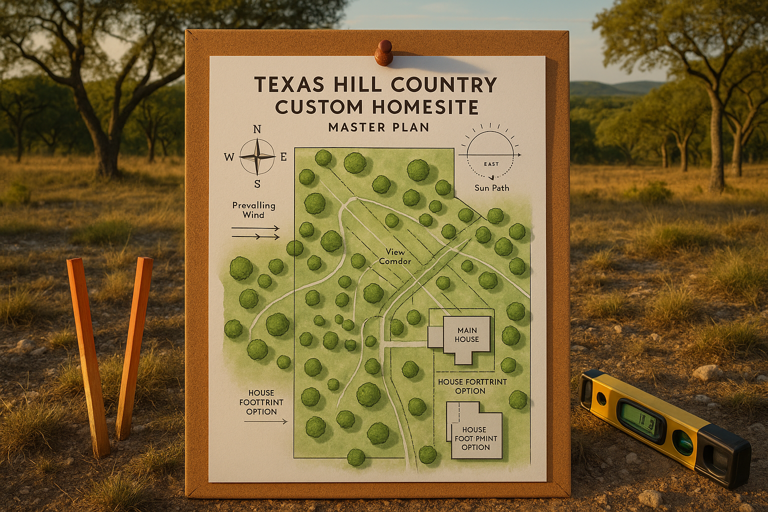 Overhead site plan with compass, sun path, and wind arrows on a Hill Country lot, showing view corridors and house footprint options among live oaks.