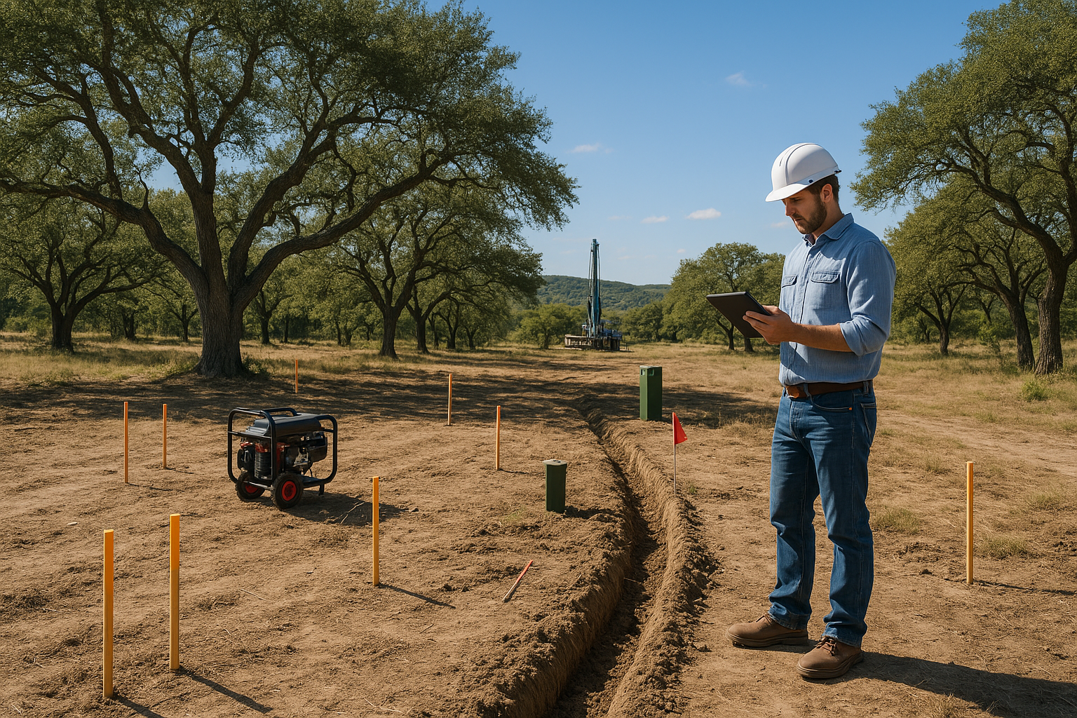 Texas Hill Country homesite planning utilities: survey stakes, flagged utility pedestal, conduit trench, and water well rig beyond rolling oaks.
