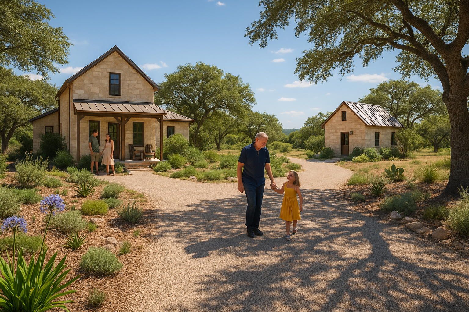 A spacious Texas Hill Country property with two custom homes, a guest cottage, native plants, and multiple generations enjoying outdoor space under blue skies.