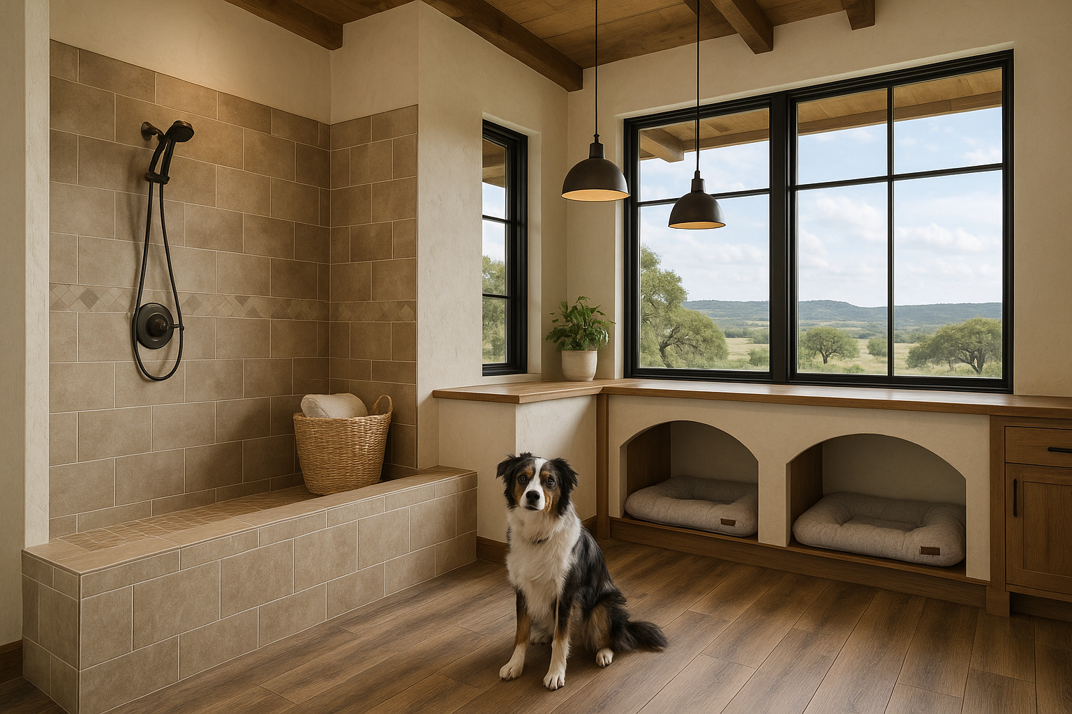 Stylish Texas home interior with a dog wash station, pet-friendly flooring, built-in beds, and Hill Country view.