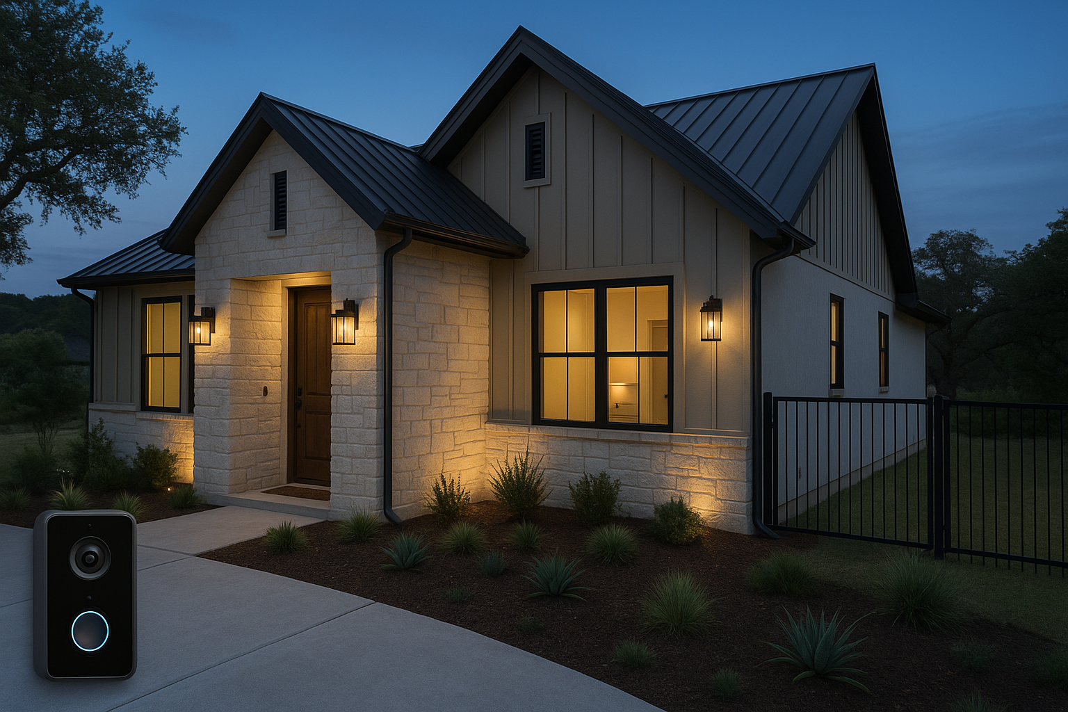 A modern Texas custom home in Hill Country style featuring visible security upgrades: smart doorbell, perimeter lighting, and fenced area.