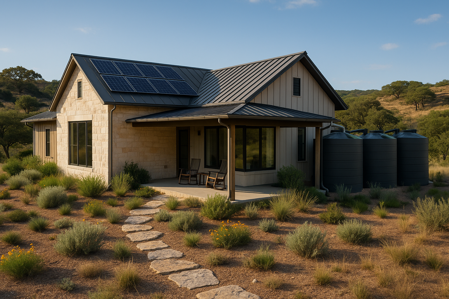 Eco-friendly Texas custom home with solar panels, rainwater harvesting, shaded porches, native plants, and large energy windows in Hill Country setting.