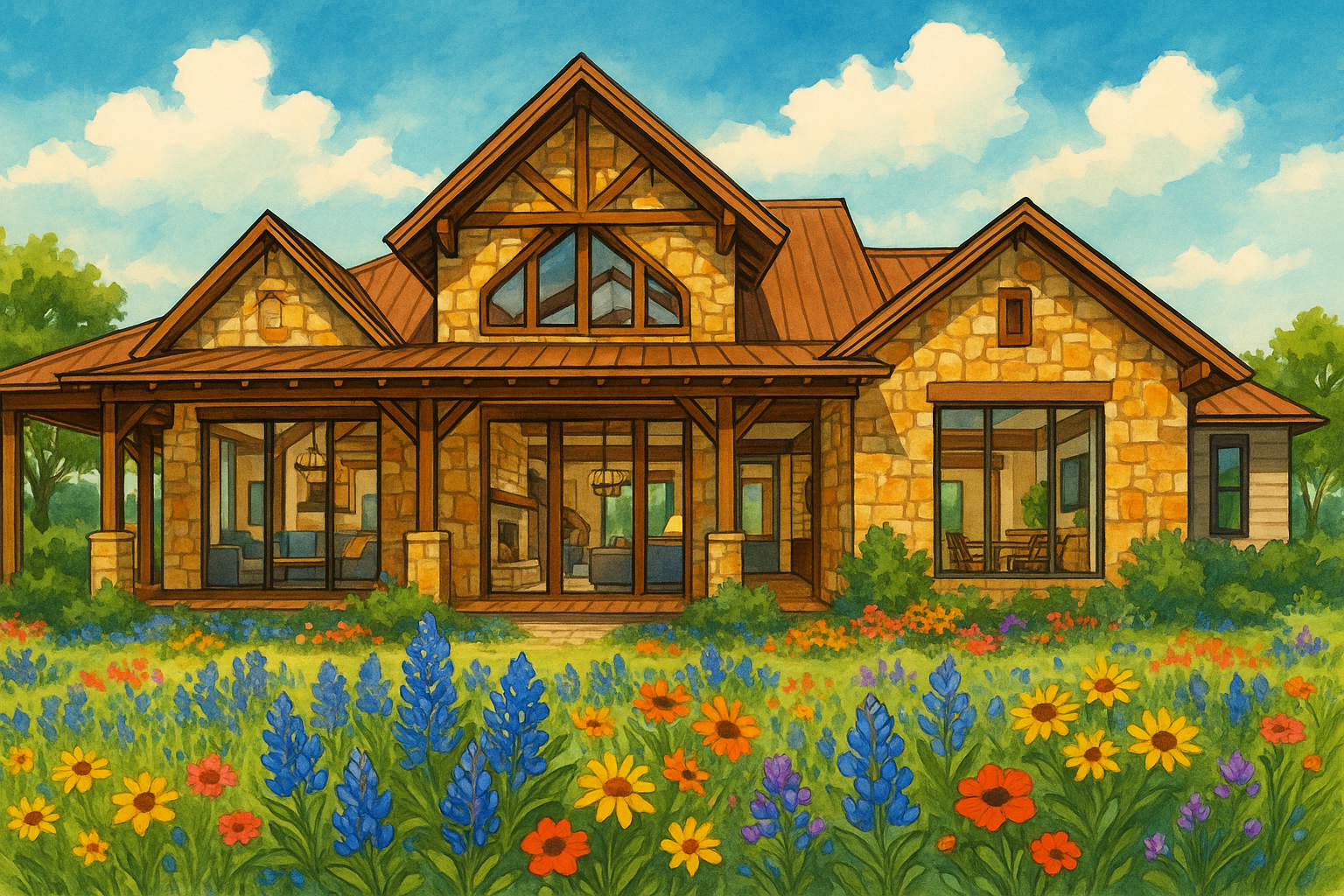 Illustration of a stylish Texas Hill Country home with native materials, large porch, wildflower landscaping, and open-plan, rustic-modern interior.