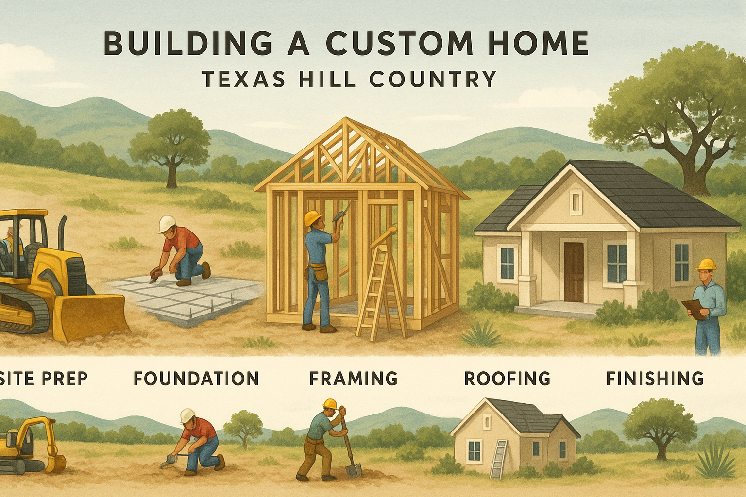 A detailed illustration showing each phase of custom home construction on a Texas Hill Country lot—site prep, foundation, framing, roofing, finishing—with local landscape features and crews at work at each stage.