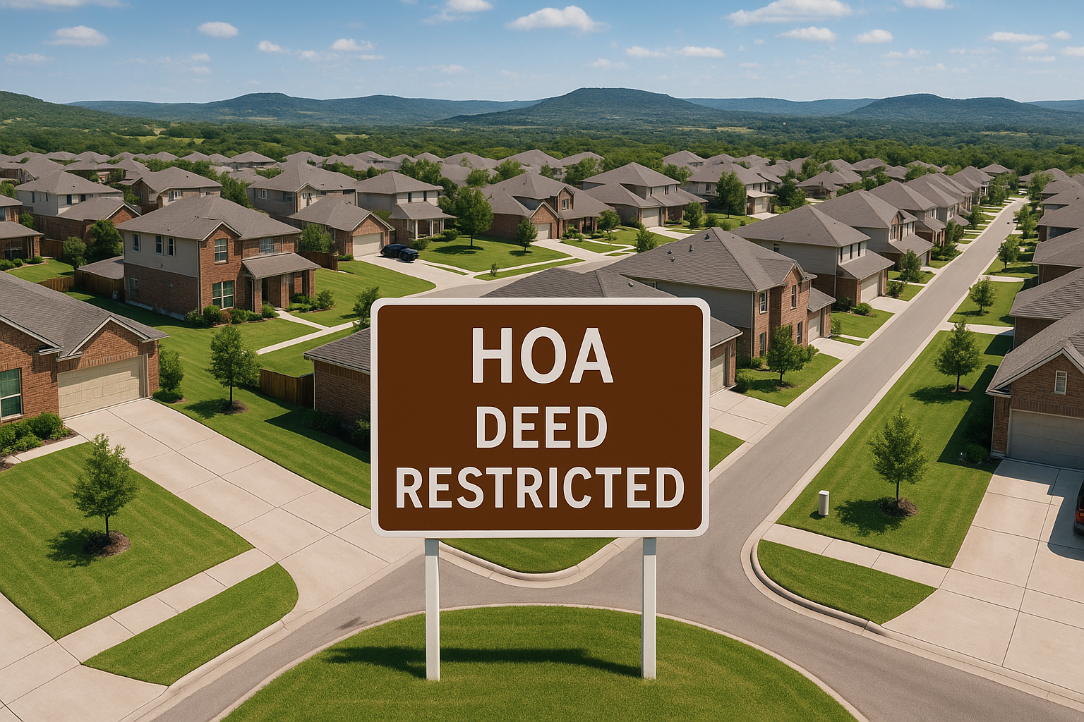 Aerial view of Texas suburban neighborhood, prominent HOA and deed restriction signage, Texas Hill Country backdrop.
