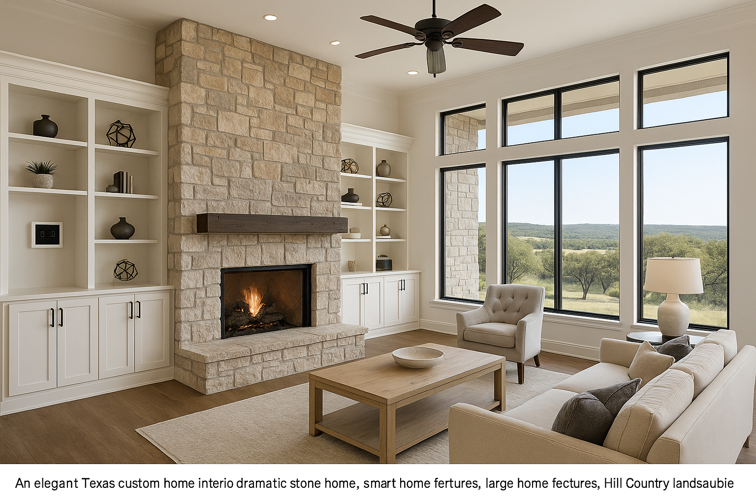 Stylish Texas home interior featuring a statement stone fireplace, automated smart features, built-in shelves, large windows, and luxury finishes, with a view of the Hill Country.