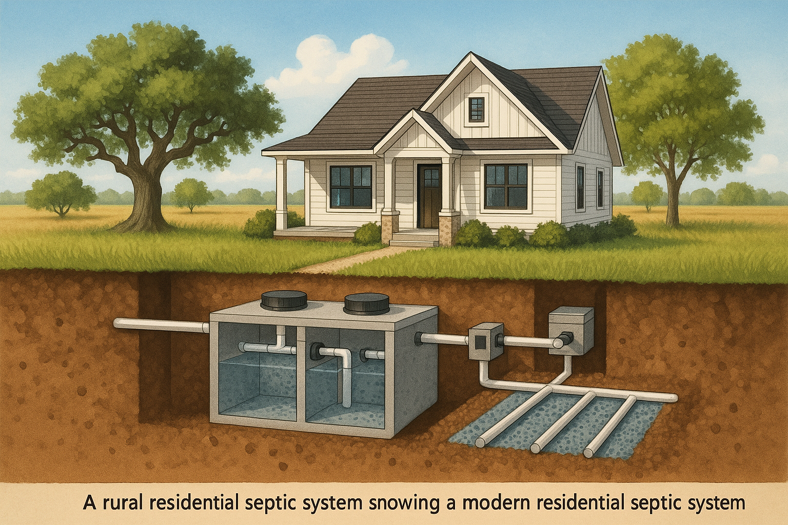 Cross-section of rural Texas property showing modern septic system underground beneath custom home, open fields, native trees.
