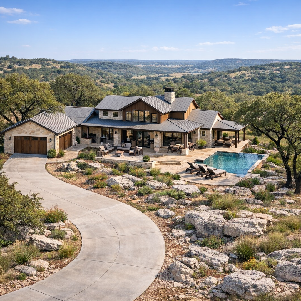 Texas Hill Country custom home oriented to views on a rocky, tree-dotted lot with driveway and outdoor living spaces stepping with the terrain.