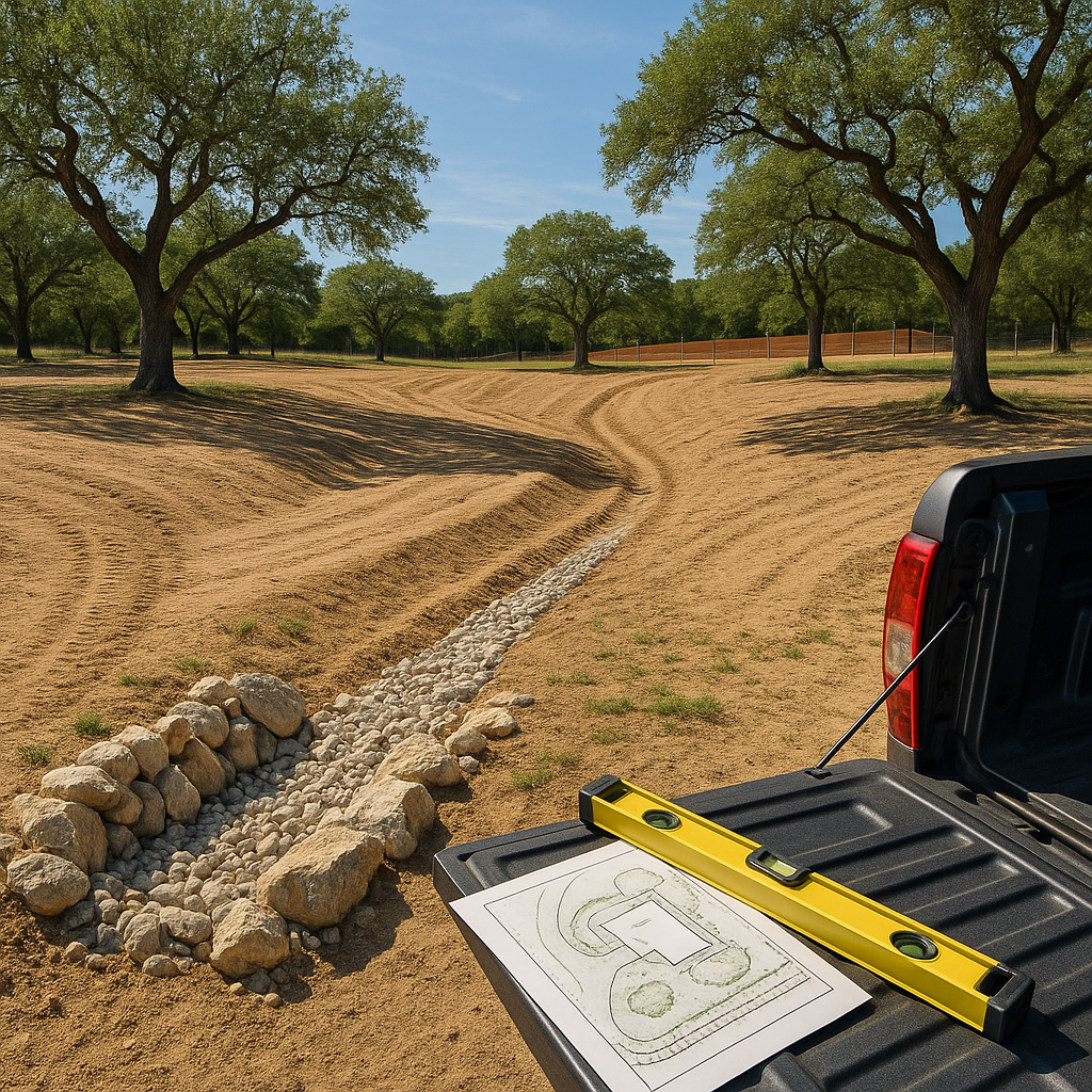 Hill Country homesite with graded swales, French drain to rock outlet, silt fence, and live oaks under a bright sky.